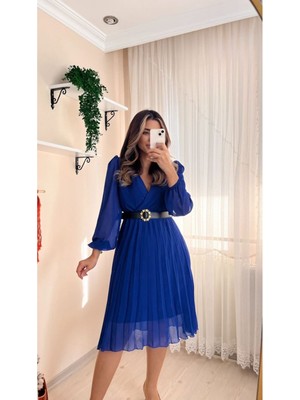 Stelol Kadın Şifon Kumaş Astalı Kloş Kesim Kruvaze Yaka Midi Boy Elbise