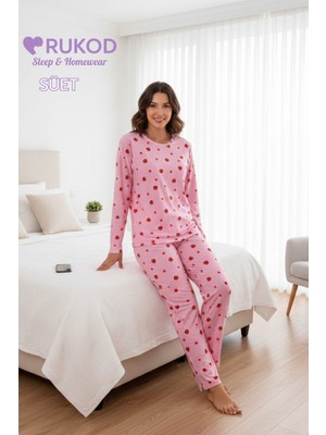 Rukod Kadın Pembe Çilek Desenli Kışlık Bisiklet Yaka Uzun Kol Pijama Takımı