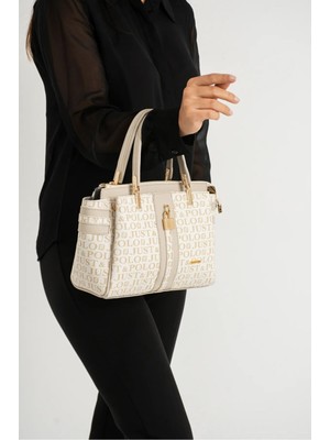 Just Polo Kilit Detaylı Gold Aksesuarlı 4 Bölmeli Kadın Omuz Çantası 2201 Krem