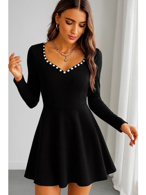 Stelol Kadın Uzun Kollu Inci Yakalı Kısa Ithal Krep Elbise