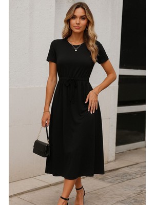 Stelol Kadın Kısa Kollu Bisiklet Yaka Belden Bağlamalı Önü Bağcık Detaylı Maksi Boy Viskon Elbise