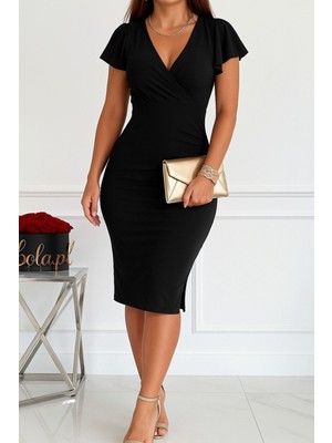 Stelol Kadın Kısa Kollu Derin Dekolte V Yakalı Yırtmaçlı Midi Janjan Krep Elbise