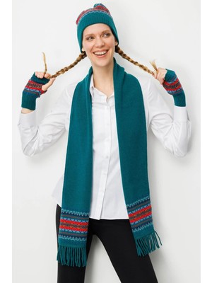 Desen Triko Kadın Kenarları Jakarlı Püsküllü Yün Kaşkol 25075 Ördek Yeşili