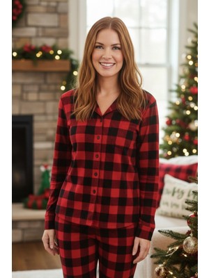 Rukod Ekoseli Gömlek Yaka Kadın Pijama Takımı – Nefes Alan Süet Kumaş, Ev Giyim Konforu