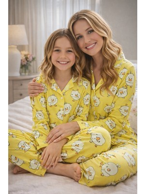 Rukod Anne Çocuk Sarı Civciv Desenli Süet Gömlek Yaka Düğmeli Uzun Altlı Pijama Takımı