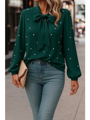 Stelol Kadın Uzun Kollu Yakadan Fiyonklu Incili Ithal Krep Bluz