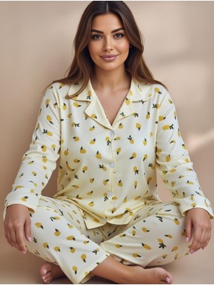 Rukod Büyük Beden Kadın Sarı Limon Desenli Süet Gömlek Yaka Düğmeli Uzun Altlı Pijama Takımı