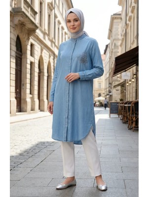 Tensel Kumaş Gizli Düğmeli Kot Tunik 3112-02 Açık Mavi