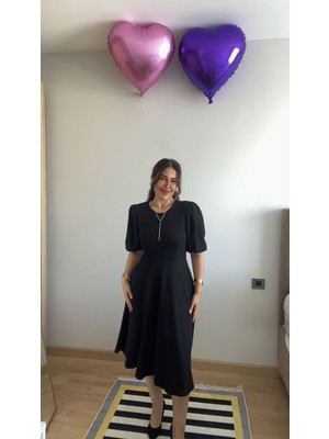 Stelol Kadın Kısa Balon Kollu Bisiklet Yaka Kiloş Janjan Krep Elbise