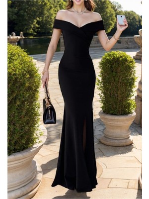 Stelol Kadın Dalgıç Kumaş Kayık Yaka ve Dekolte Detaylı Elbise