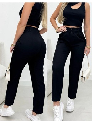 Stelol Kadın Yüksek Bel Cepli Paça Ağzı Pile Detaylı Ithal Krep Pantolon