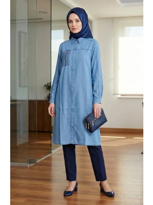 Tensel Kumaş Fermuarlı Kot Tunik 1912-02 Mavi