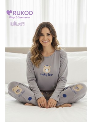 Rukod Kadın Gri Ayı Desenli Kışlık Bisiklet Yaka Uzun Kol Pamuklu Pijama Takımı
