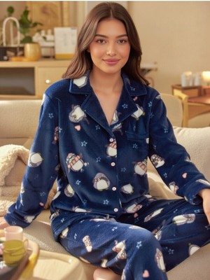 Rukod Kadın Mavi Penguen Desenli Polar Gömlek Yaka Düğmeli Uzun Altlı Pijama Takımı