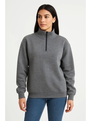 Stelol Üç Iplik Dık Yaka Yarım Fermuarlı Sweatshirt - Antrasit