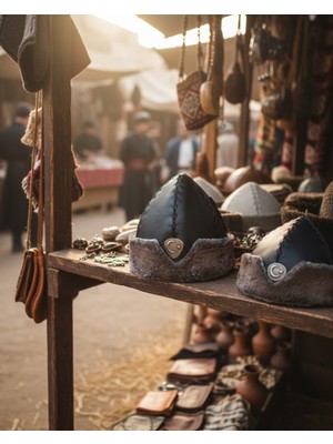 Sufi Tesbih Esans Ve Hediyelik Geleneksel Türk Börkü - El Işçiliği Deri ve Kürklü Kalpak - Rozet Detaylı Siyah Börk