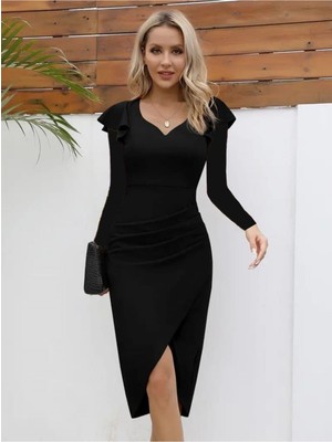 Stelol Kadın Uzun Kollu Kalp Yaka Önden Çapraz Detaylı Midi Ithal Krep Elbise