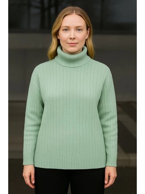 Stelol Balıkcı Yaka Bağazlı Triko Kazak Pamuklu Kalın Fitilli Dokuma - Mint Yeşili