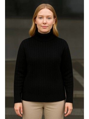 Stelol Balıkcı Yaka Bağazlı Triko Kazak Pamuklu Kalın Fitilli Dokuma - Siyah