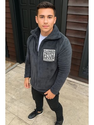 Stelol Erkek Polar Fermuarlı Sweatshirt – Kapüşonsuz, Cepli, Yumuşak Dokulu, Oversize Rahat Kalıp, Kışlık Sıcak Tutan Fermuarlı Üst - Füme