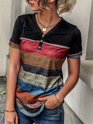 Stelol Kadın Kısa Kollu V Yakalı Düğmeli Çok Renkli Süprem Bluz