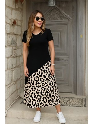 Stelol Kadın Kısa Kollu Bisiklet Yaka Leopar Detaylı Midi Üst Viskon Alt Süprem Elbise