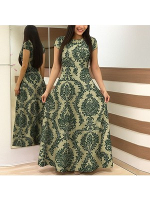 Stelol Kadın Kısa Kollu Bisiklet Yaka Puantiyeli Maksi Örme Krep Elbise