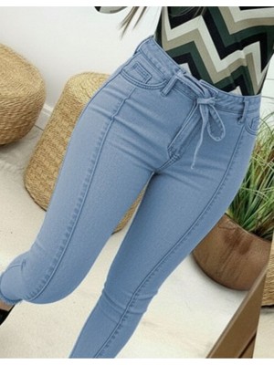 Stelol Kadın Yüksek Bel Belden Kuşaklı Yırtık Detaylı Kot Pantolon