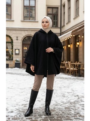 Kapüşonlu Fermuarlı Kışlık Kaşe Panço 0241-04 Siyah