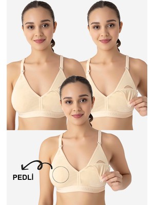 Çıkarılabilir Pedli Emzirme Sütyeni 3'lü Set Ten Rengi Pamuklu Göğüs Ucu Belli Etmez