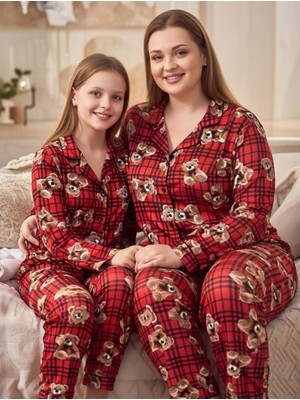 Rukod Anne Çocuk Ekose Kırmızı Ayı Desenli Süet Gömlek Yaka Düğmeli Uzun Altlı Pijama Takımı