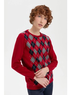 Desen Triko Kadın Sıfır Yaka Önü Baklava Desenli Yün Kazak 24035 K.kırmızı