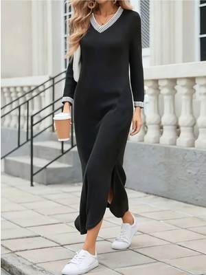 Stelol Kadın Uzun Kollu V Yakalı Yanlardan Yırtmaçlı Uzun Viskon Iki Iplik Elbise