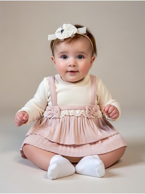Miniborn Kız Bebek Pudra Askılı Dantelli Fırfırlı Body Elbise & Saç Bandı Seti
