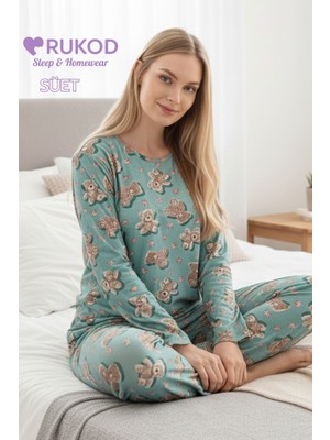 Rukod Kadın Mint Yeşili Ayı Desenli Kışlık Bisiklet Yaka Uzun Kol Pijama Takımı