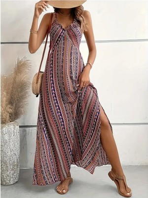 Stelol Kadın Ip Askılı Sırttan Çapraz Detaylı Yırtmaçlı Desenli Süprem Elbise