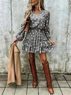Stelol Kadın Uzun Kollu V Yakalı Belden Kuşaklı Puantiyeli Mini Modal Elbise