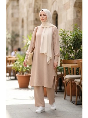 Aerobin Kumaş Tunik Pantolon Ikili Takım 4144-06 Bej