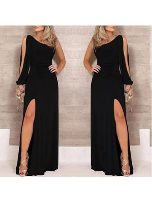 Stelol Tek Omuz Açık Derin Yırtmaçlı Krep Tam Boy Elbise