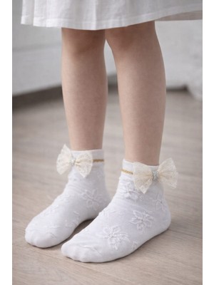 Gigi Giyim Kendinden Desenli Kurdeleli Kız Çocuk Soket Çorap