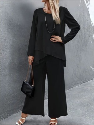 Stelol Kadın Uzun Kollu Asimetrik Detaylı Salaş Sandy Bluz ve Pantolon Ikili Takım