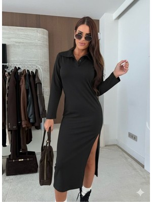 Stelol Kadın Uzun Kollu Yakalı Yandan Yırtmaçlı Midi Modal Elbise