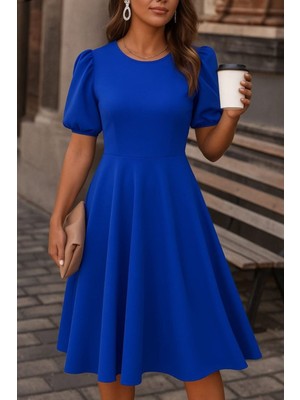 Stelol Kadın Kısa Balon Kollu Bisiklet Yaka Geniş Kesim Janjan Krep Elbise