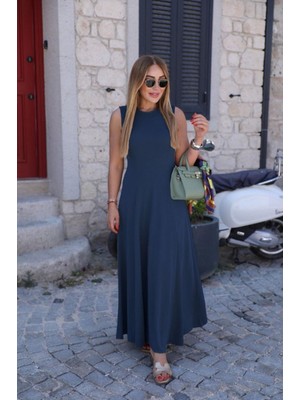 Stelol Kadın Sıfır Kollu Bisiklet Yaka Viskon Elbise