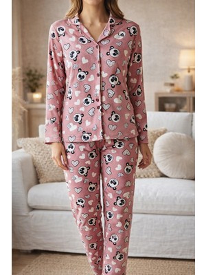 Rukod Pembe Ayıcıklı Gömlek Yaka Kadın Ev Pijama Takımı | Süet Kumaş, Likralı Pijama Takım