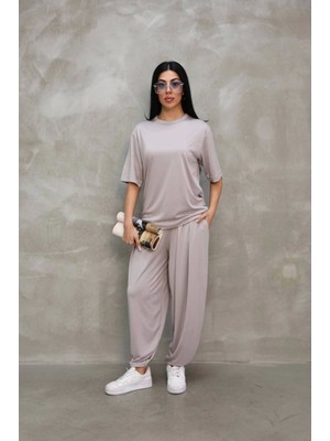 Stelol Osy Modal Yumuşak Dokulu Kumaş Oversize Bisiklet Yaka T-Shirt Jogger Eşofman Altı Eşofman Takımı - Gri