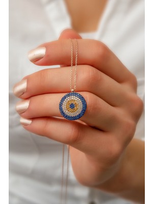 PremiumPort Şık 925 Ayar Gümüş Nazar Kolye, Mavi, Sarı ve Beyaz Zirkon Taşlı