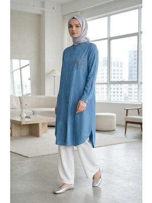 Tensel Kumaş Gizli Düğmeli Kot Tunik 3112-01 Mavi
