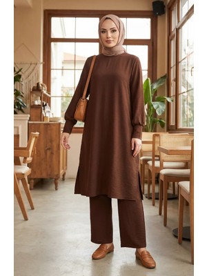 Aerobin Kumaş Tunik Pantolon Ikili Takım 4144-02 Kahverengi