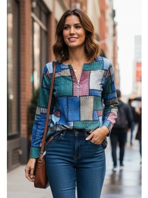 Stelol Kadın Uzun Kollu Yakadan Fermuarlı Kot Görünüm Desenli Uzun Modal Bluz